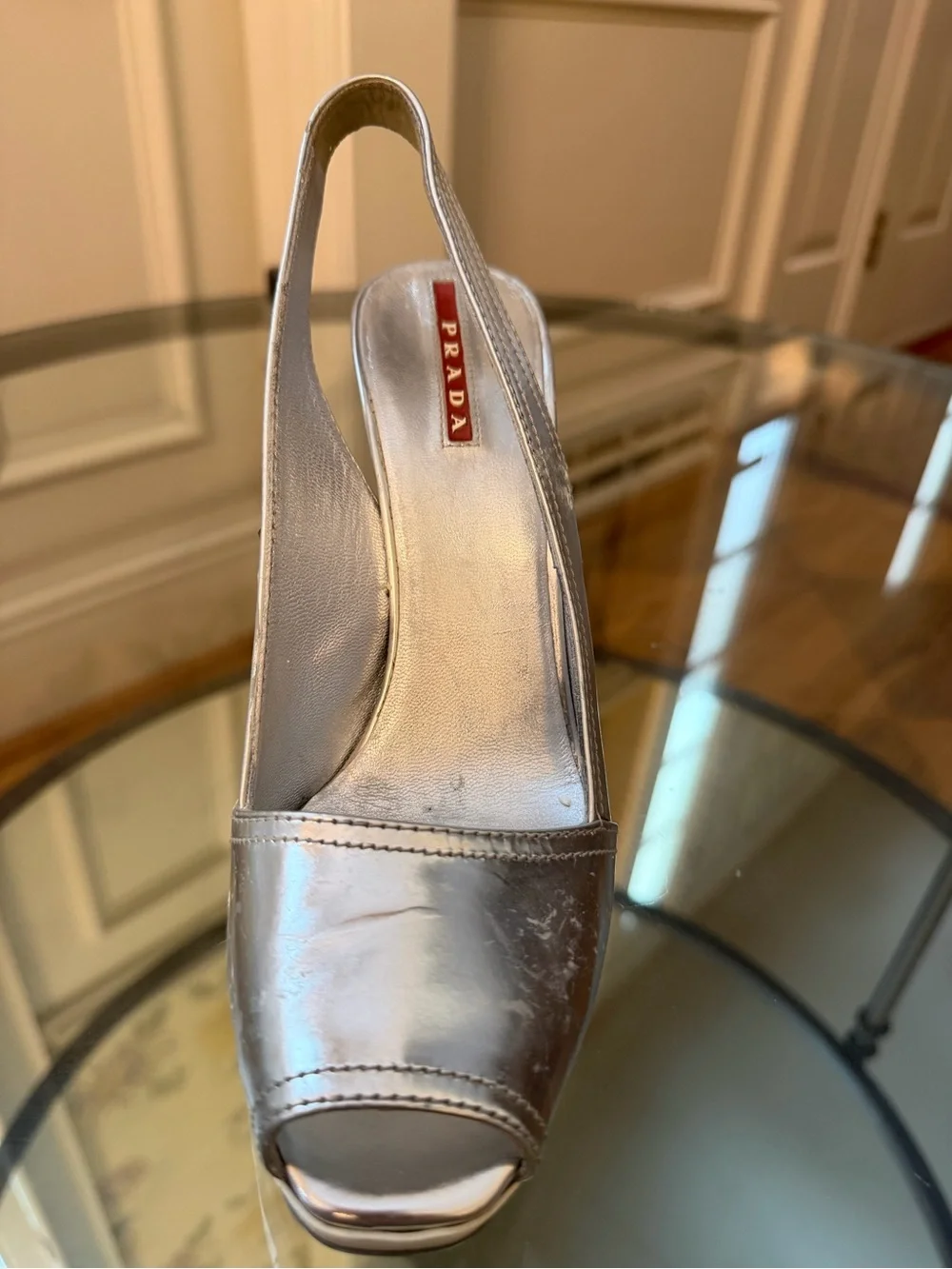 Prada Metallic Silver Slingback Platform High Heels RESTORATION PROJECT